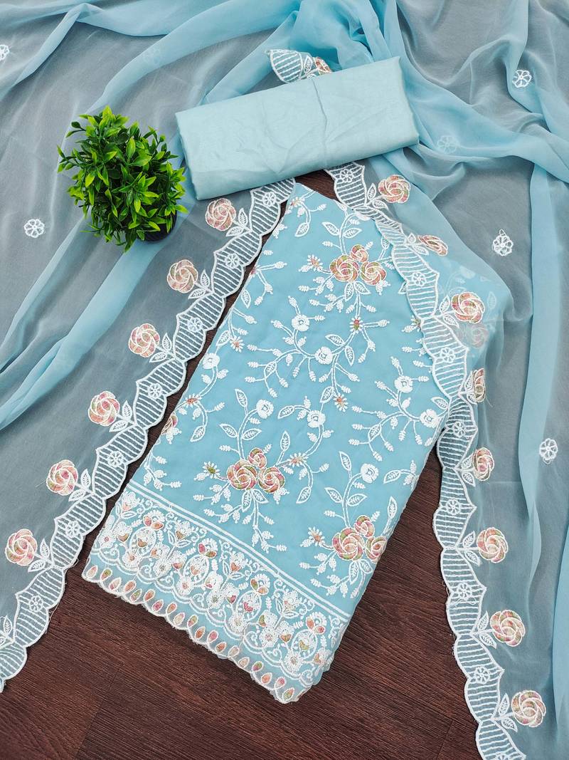 Sky blue georgette embroidered dress material for women with dupatta