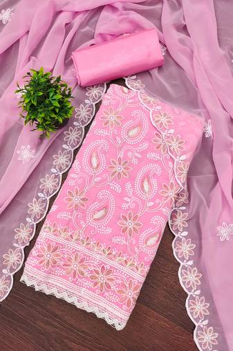 Baby pink embroidered georgette dress material with dupatta