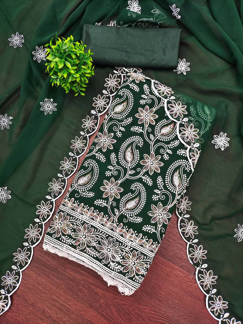 Green georgette embroidered dress material for women with dupatta