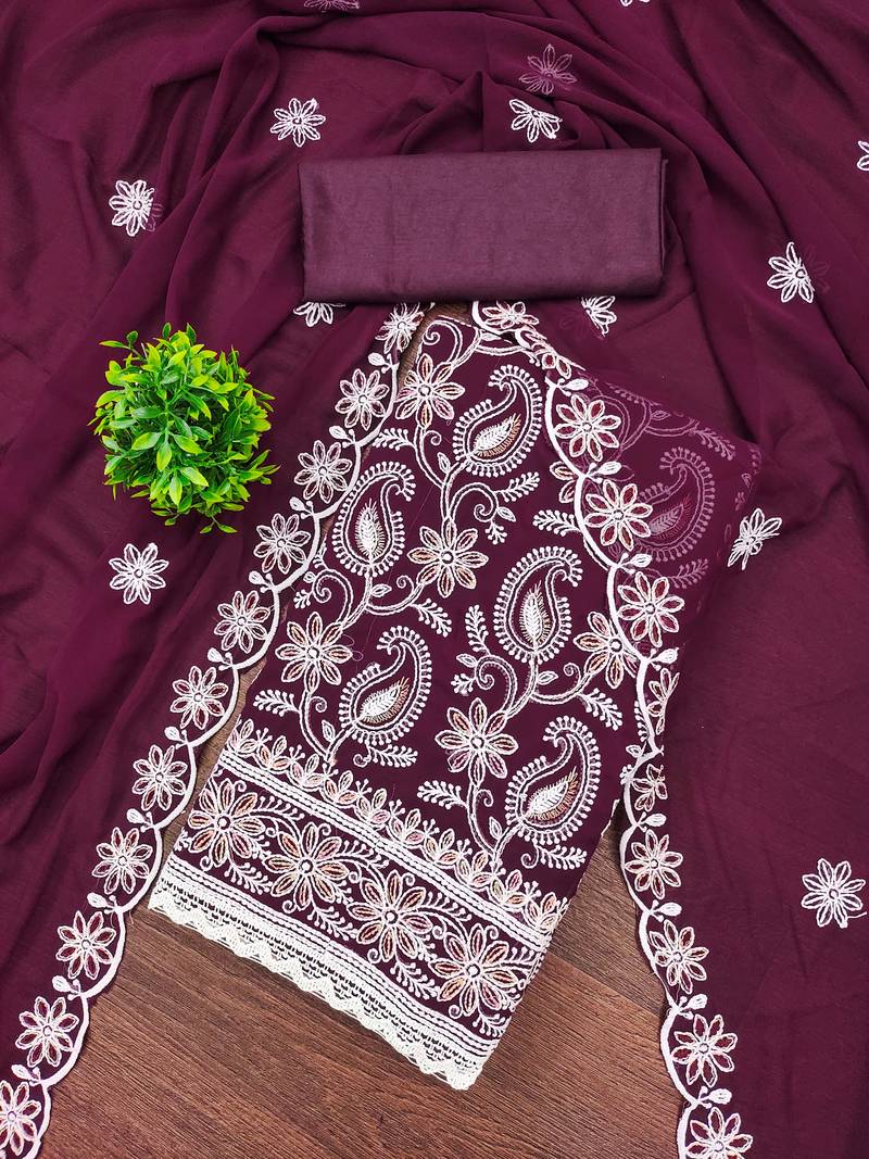 Purple georgette embroidery dress material with dupatta