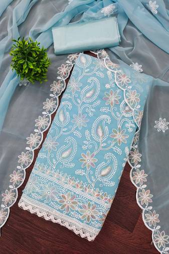 Sky blue georgette embroidered dress material for women