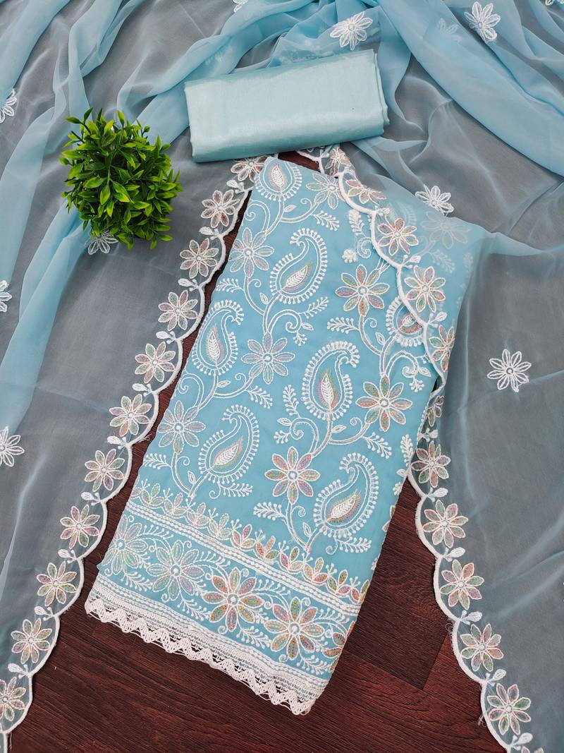Sky blue georgette embroidered dress material for women