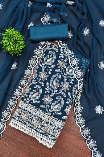 Teal blue georgette embroidery dress material with dupatta for women