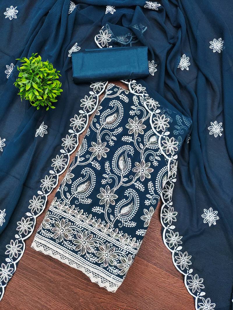 Teal blue georgette embroidery dress material with dupatta for women