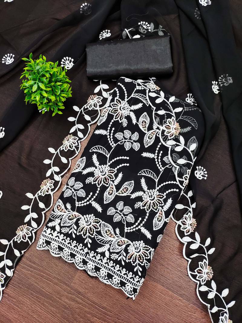 Black georgette embroidered dress material with dupatta