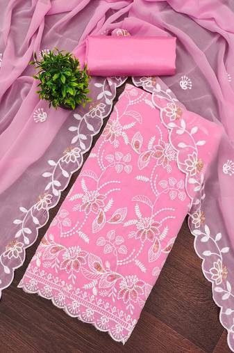 Baby pink georgette embroidered dress material for women with dupatta