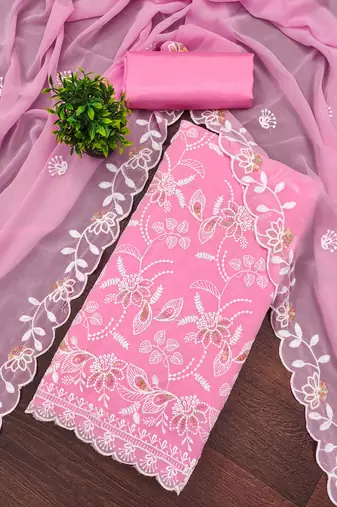 Baby pink georgette embroidered dress material for women with dupatta