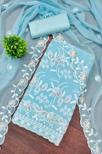Sky blue georgette embroidered dress material for women with dupatta