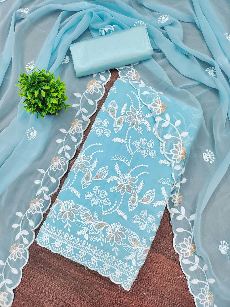 Sky blue georgette embroidered dress material for women with dupatta