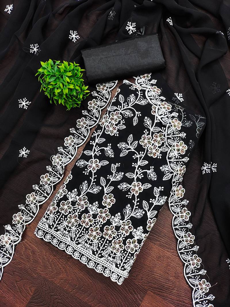 Black georgette embroidery dress material for women with dupatta