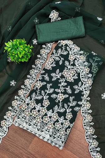 Green georgette embroidered dress material with dupatta for women