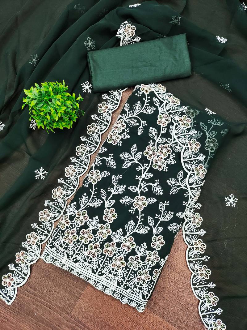 Green georgette embroidered dress material with dupatta for women