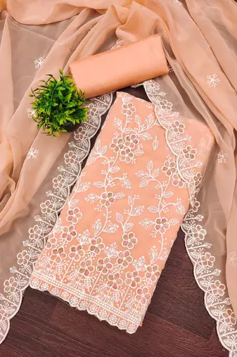 Peach georgette embroidered dress material for women with dupatta