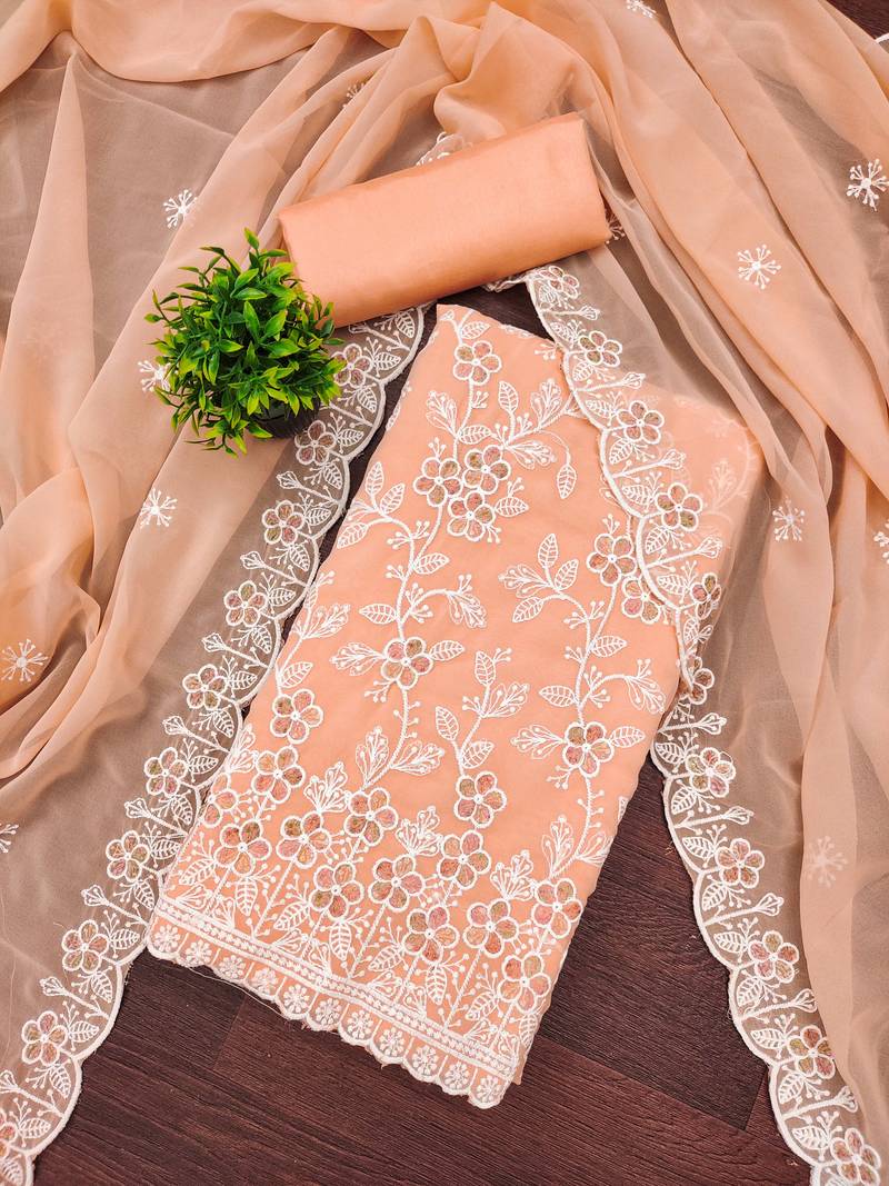 Peach georgette embroidered dress material for women with dupatta