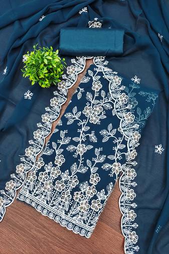 Teal blue georgette embroidered dress material with dupatta for women