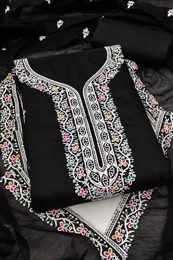 Women black chanderi cotton embroidered unstitched dress material with dupatta