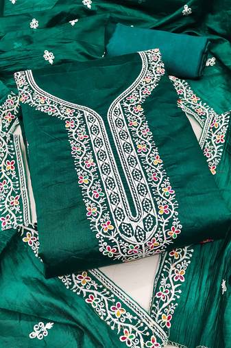 Women green chanderi cotton embroidered unstitched dress material with dupatta