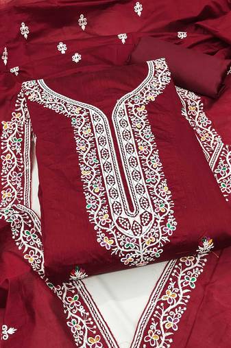 Women maroon chanderi cotton embroidered unstitched dress material with dupatta