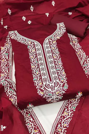 Women maroon chanderi cotton embroidered unstitched dress material with dupatta