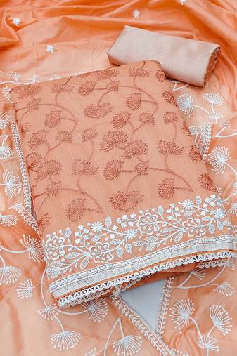 Women peach chanderi silk embroidered unstitched dress material with dupatta