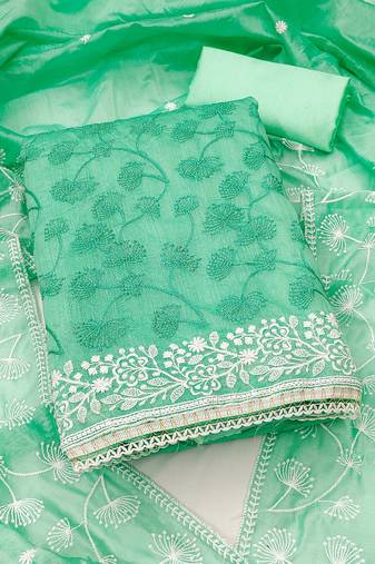 Women sea green chanderi silk embroidered unstitched dress material with dupatta