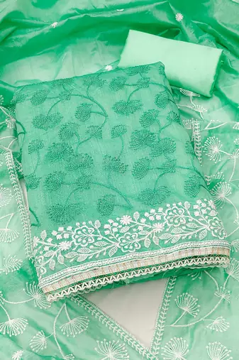 Women sea green chanderi silk embroidered unstitched dress material with dupatta