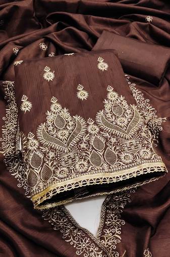 Women brown jalpari cotton embroidered unstitched dress material with dupatta