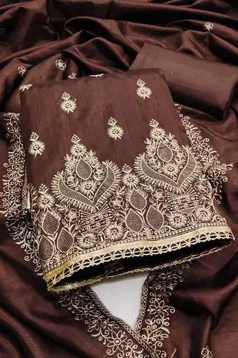 Women brown jalpari cotton embroidered unstitched dress material with dupatta