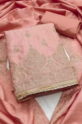 Women peach jalpari cotton embroidered unstitched dress material with dupatta