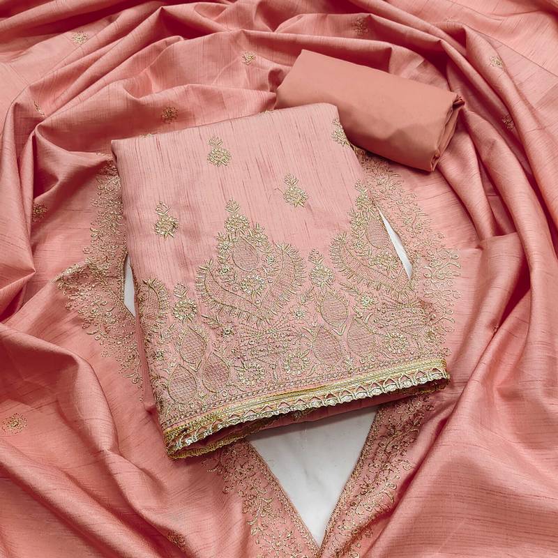 Women peach jalpari cotton embroidered unstitched dress material with dupatta