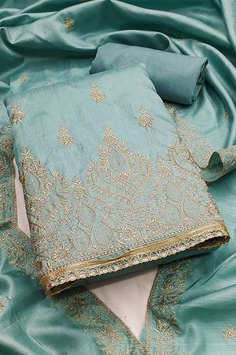 Women sea green jalpari cotton embroidered unstitched dress material with dupatta