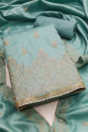 Women sea green jalpari cotton embroidered unstitched dress material with dupatta