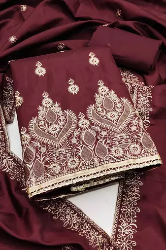 Women wine jalpari cotton embroidered unstitched dress material with dupatta