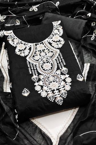 Women black chanderi cotton sequin work unstitched dress material with dupatta
