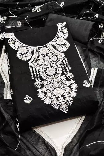 Women black chanderi cotton sequin work unstitched dress material with dupatta