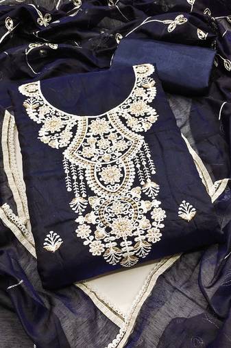 Women blue chanderi cotton sequin work unstitched dress material with dupatta