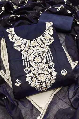 Women blue chanderi cotton sequin work unstitched dress material with dupatta