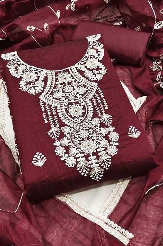 Women maroon chanderi cotton sequin work unstitched dress material with dupatta