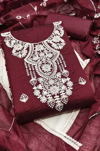 Women maroon chanderi cotton sequin work unstitched dress material with dupatta