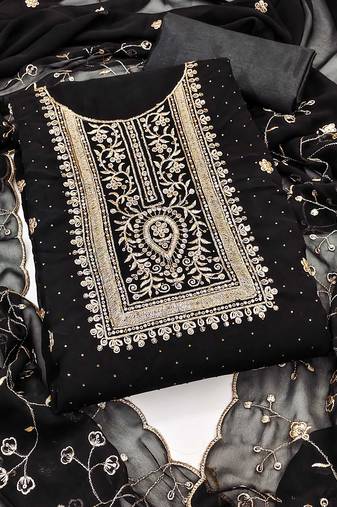 Women black georgette embroidered unstitched dress material with dupatta