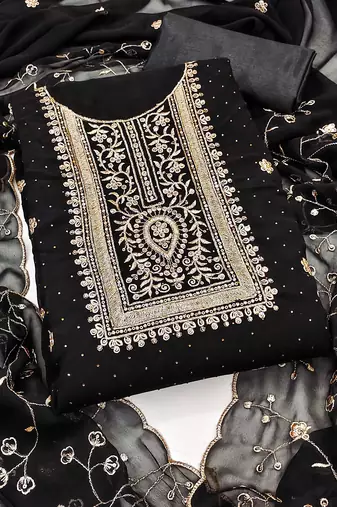 Women black georgette embroidered unstitched dress material with dupatta