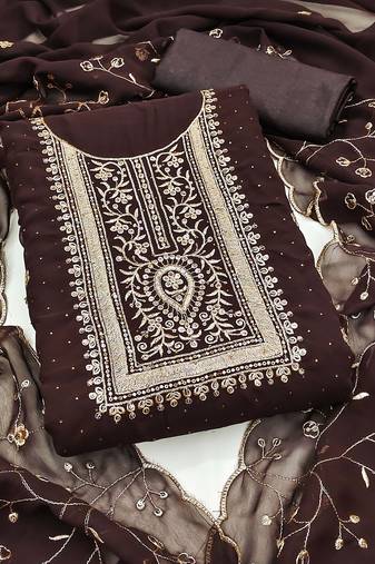 Women brown georgette embroidered unstitched dress material with dupatta