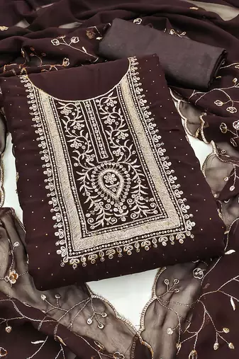 Women brown georgette embroidered unstitched dress material with dupatta