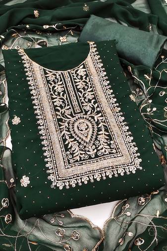 Women green georgette embroidered unstitched dress material with dupatta