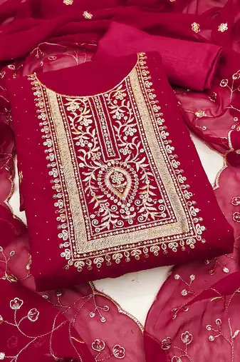 Women magenta georgette embroidered unstitched dress material with dupatta