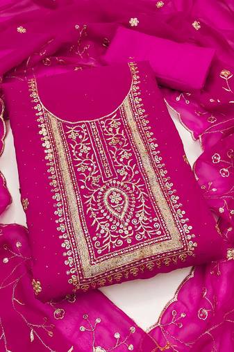 Women pink georgette embroidered unstitched dress material with dupatta