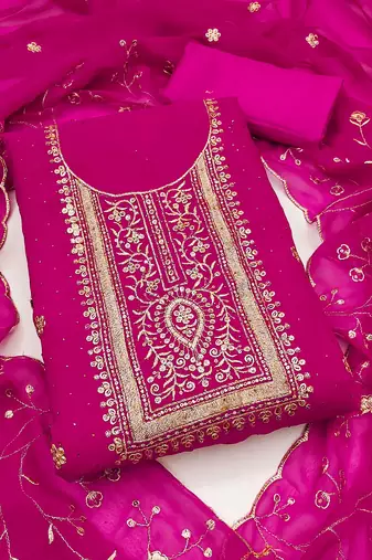 Women pink georgette embroidered unstitched dress material with dupatta