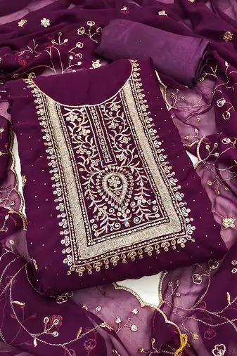 Women purple georgette embroidered unstitched dress material with dupatta
