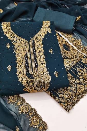 Women blue georgette embroidered unstitched dress material with dupatta