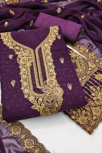 Women lavender georgette embroidered unstitched dress material with dupatta